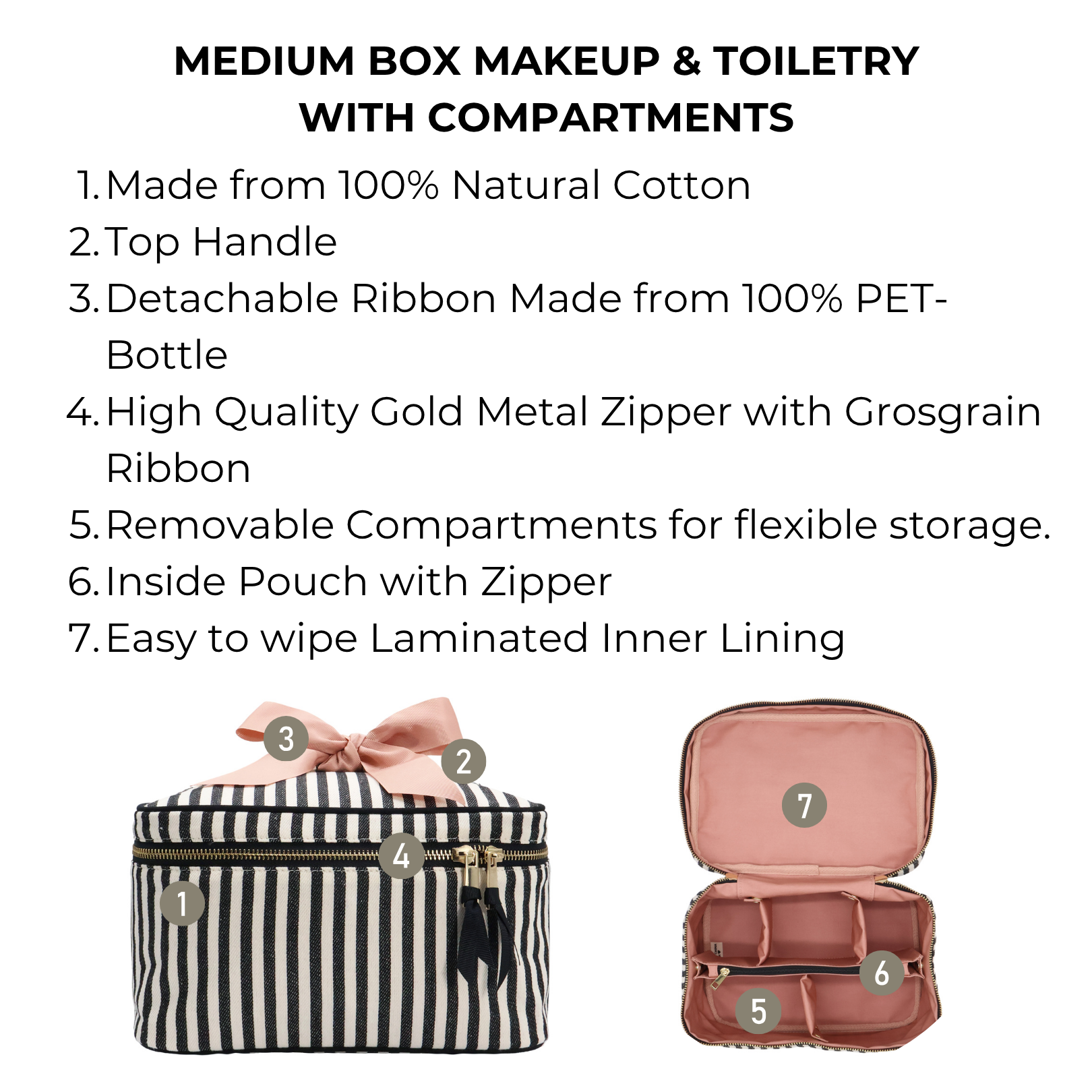 Medium Box Makeup & Toiletry with Insert Organizer – Striped by Bag-all, Paris-designed natural cotton case with removable compartments and easy-clean lining for travel.