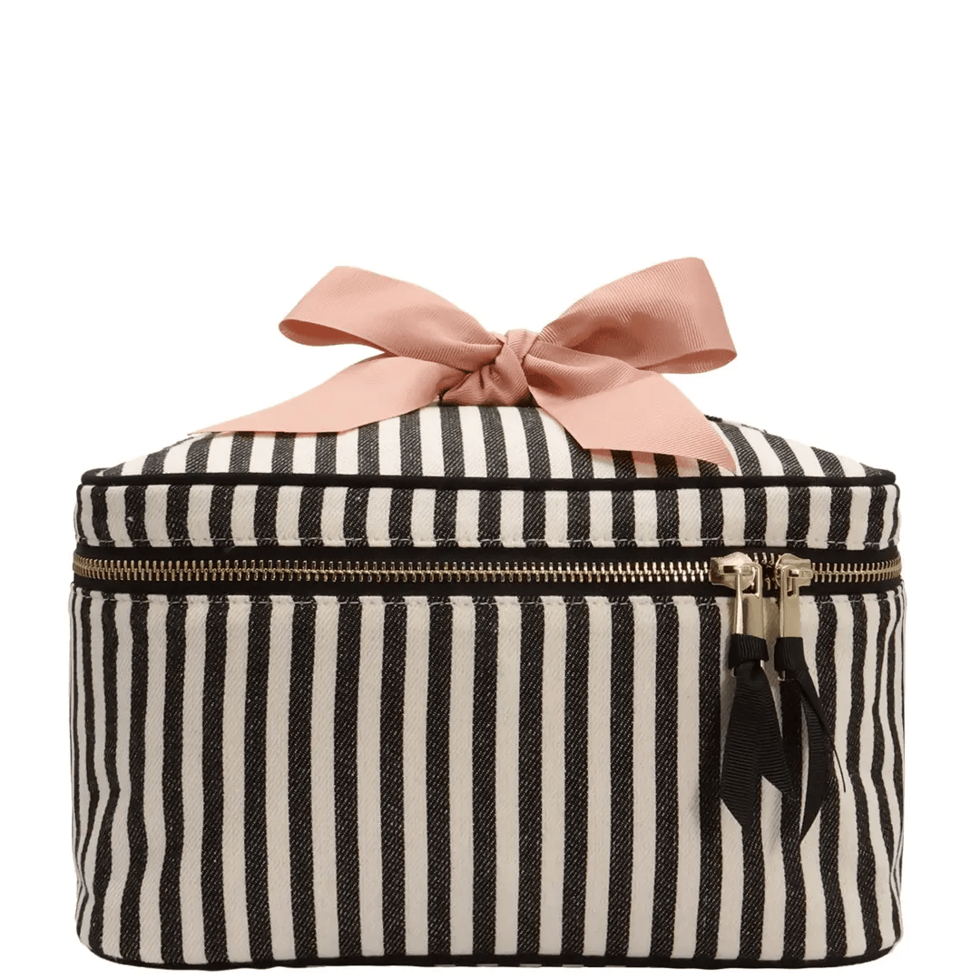 Medium Box Makeup & Toiletry with Insert Organizer – Striped, Paris-designed cotton travel bag with zipper and pink ribbon, ideal for personalized organization.
