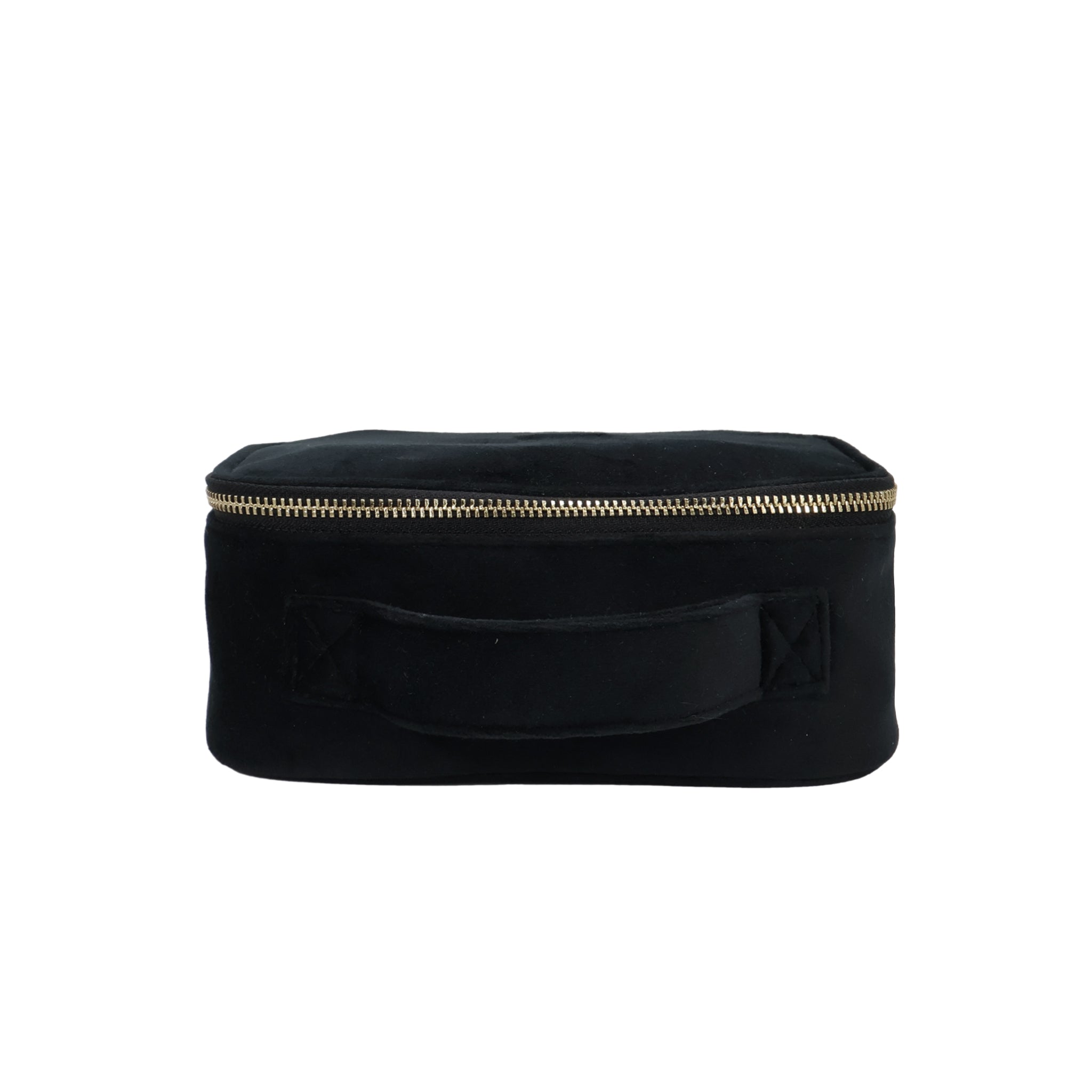 Small Beauty Box – Eco Velvet – Black by Bag-all, a Paris-designed travel organizer with durable velvet, gold zipper, and handle for personalized packing and storage.