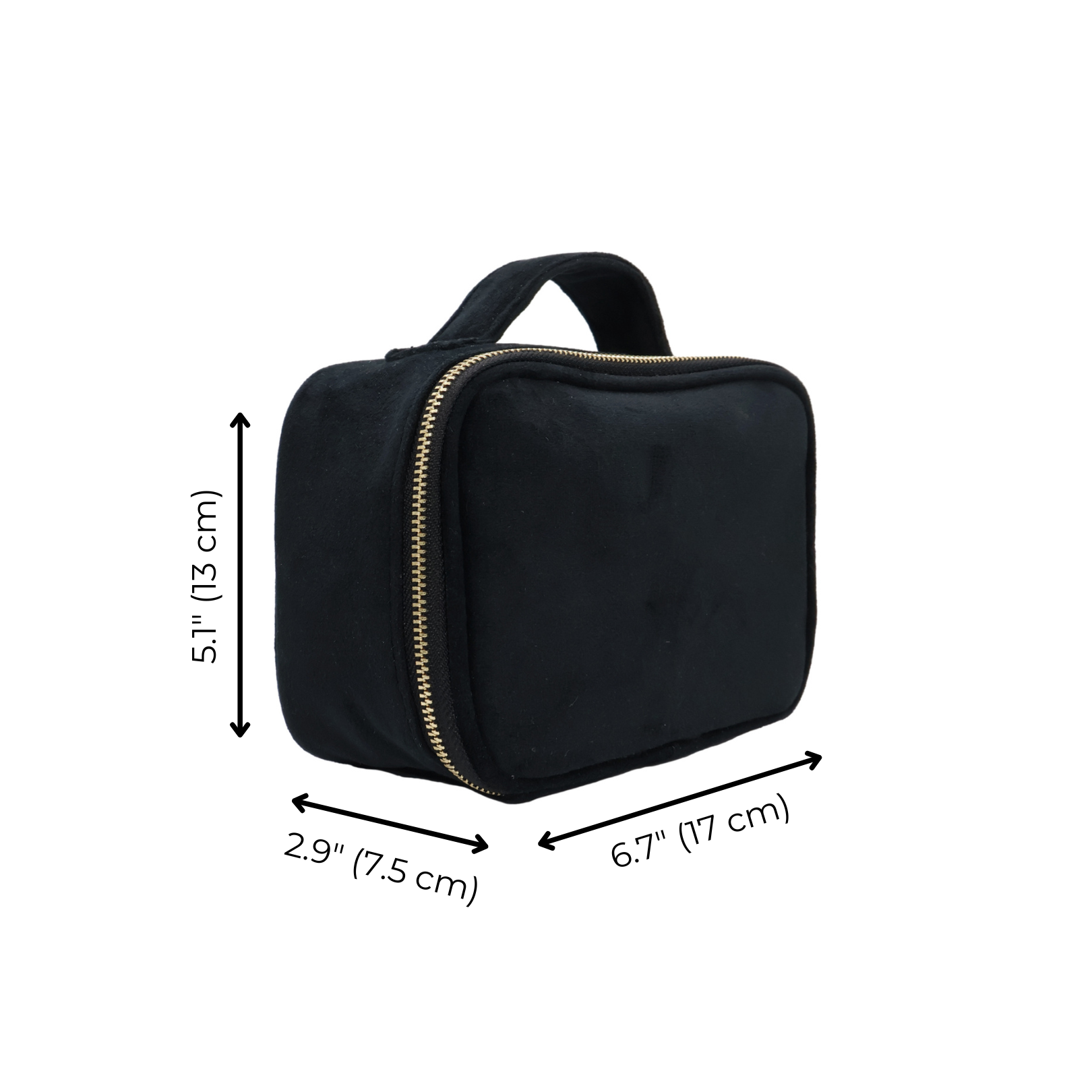 Small Beauty Box – Eco Velvet – Black by Bag-all, Paris-designed travel accessory with velvet finish and gold zipper for stylish, personalized organization.