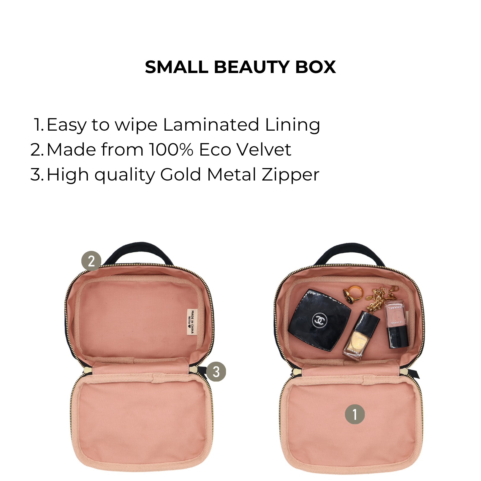 Small Beauty Box – Eco Velvet – Black, Paris-designed compact travel case with eco-friendly velvet, wipe-clean lining, and stylish gold zipper by Bag-all.