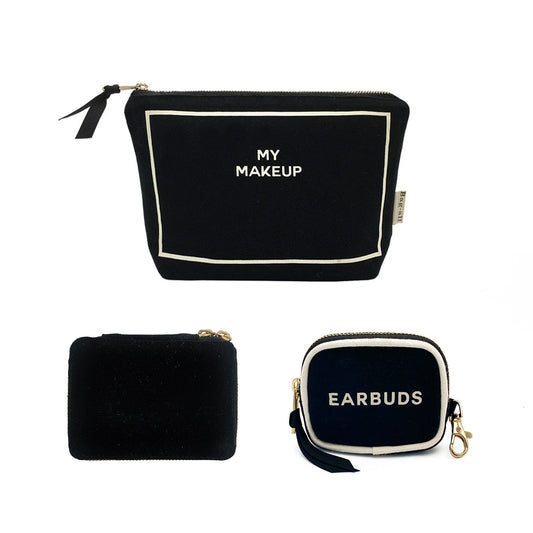 Bag-all Handbag Organizer Trio in black cotton featuring makeup pouch, trinket case, and earbuds holder with gold-tone zippers and white text labeling for stylish organization