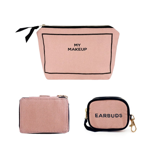 Bag-all Handbag Organizer Trio featuring pink cotton makeup pouch, trinket box, and earbud case with black trim and gold hardware, ideal for stylish organization and travel