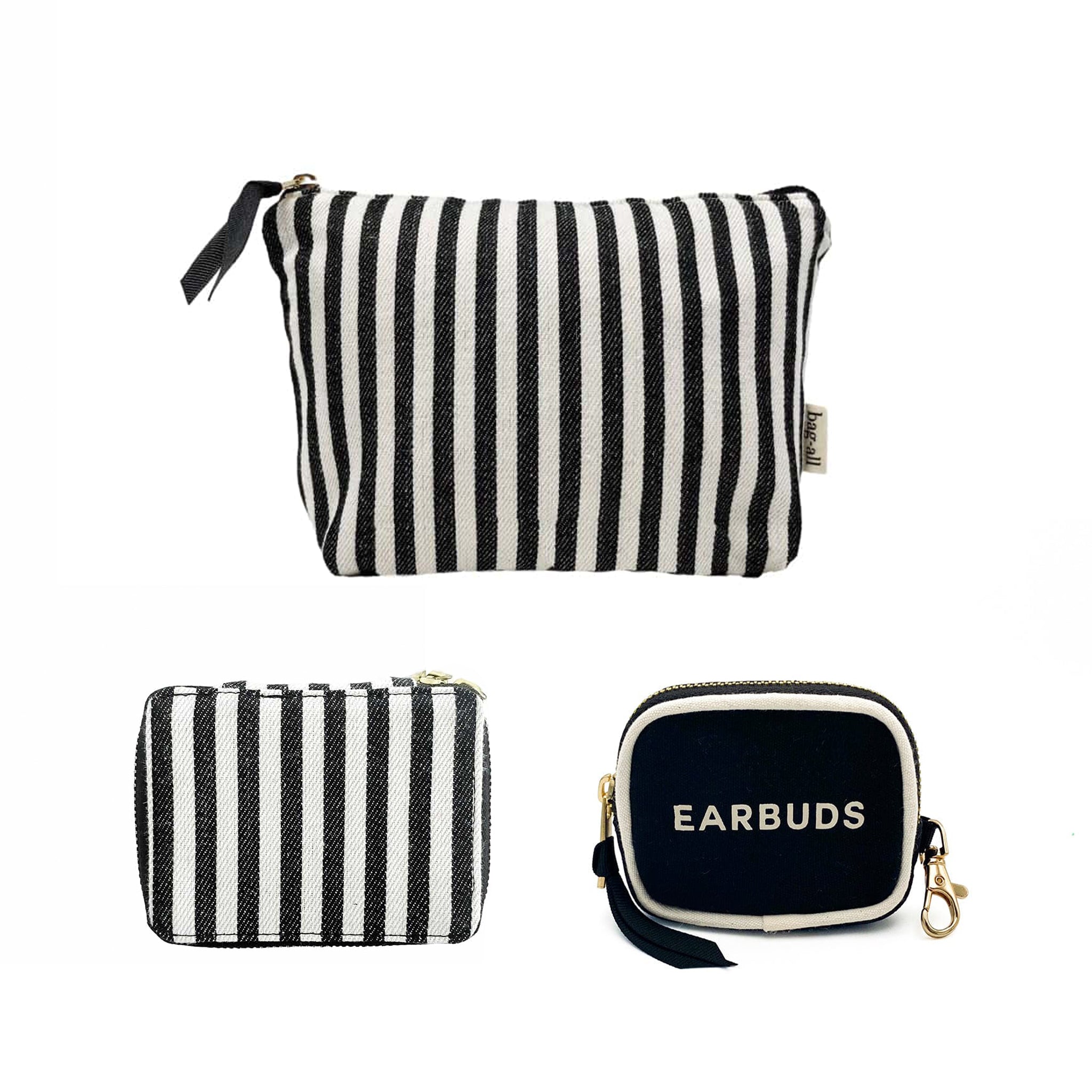 Bag-all Handbag Organizer Trio featuring black and white striped cotton makeup pouch, trinket box, and earbud case with elegant gold hardware and zipper details