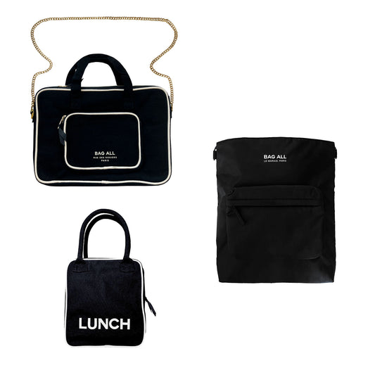 Bag-all Office Essentials Packing Set 3-Pack featuring black cotton laptop case with chain strap, compact lunch bag, and sleek backpack with front pocket for professional organization