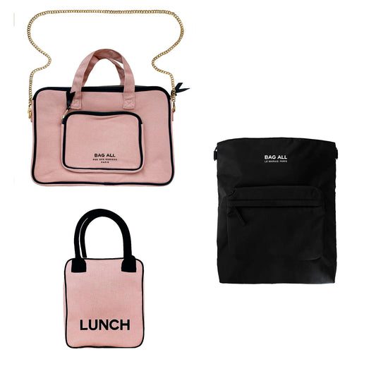 Bag-all Office Essentials 3-Pack featuring pink cotton laptop case with chain strap, black canvas backpack, and matching pink lunch bag for stylish workplace organization