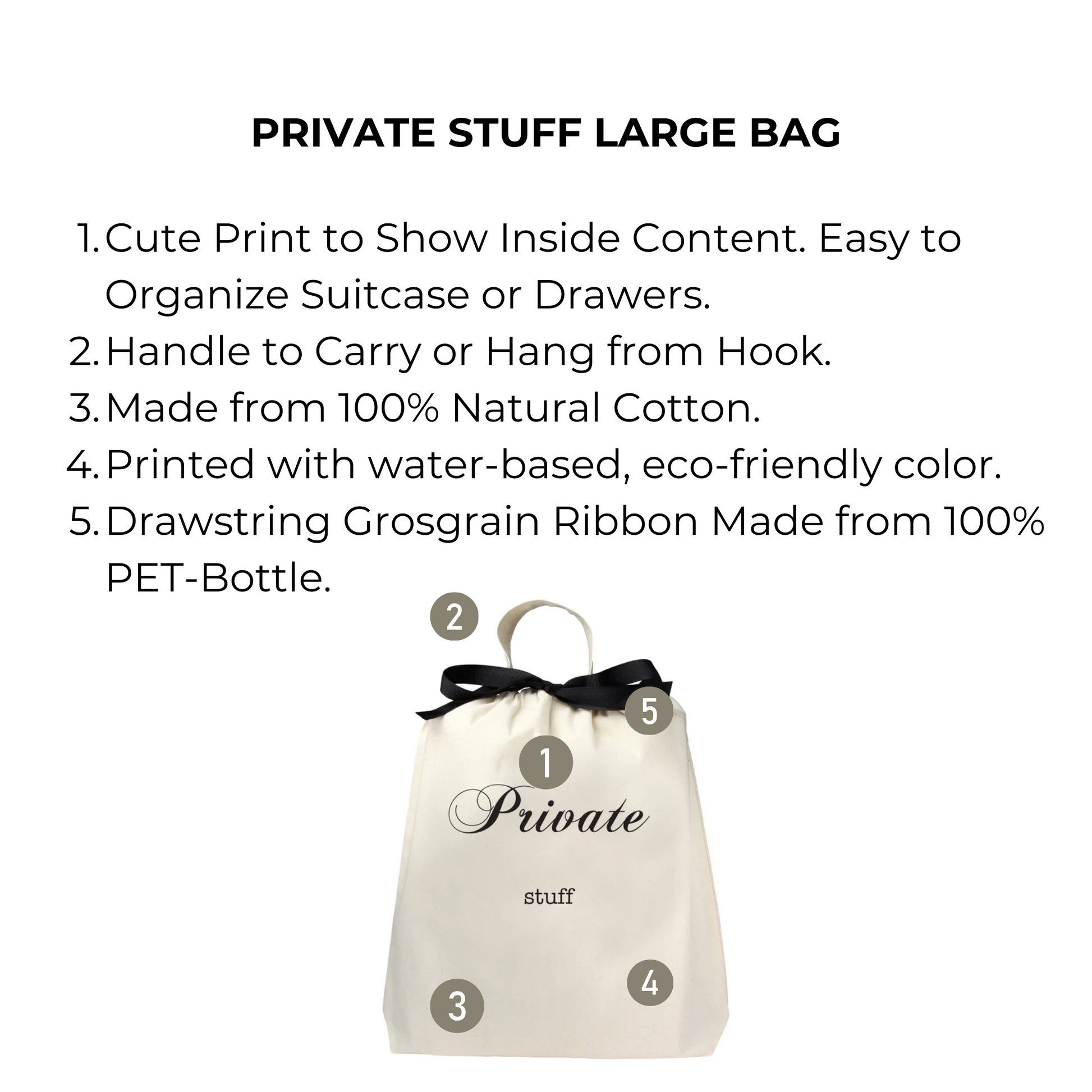 Bag-all Private Stuff Large Bag in cream cotton with black ribbon handle, eco-friendly text print, perfect for organizing personal items and travel storage