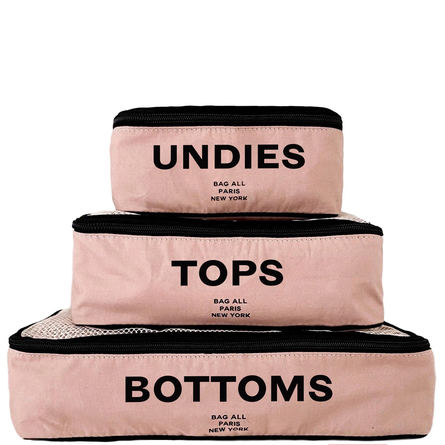 Bag-all Cotton Packing Cubes in Pink/Blush, set of 3 sizes with mesh top panels for visibility, featuring Undies, Tops and Bottom text labels, perfect for organized travel and storage
