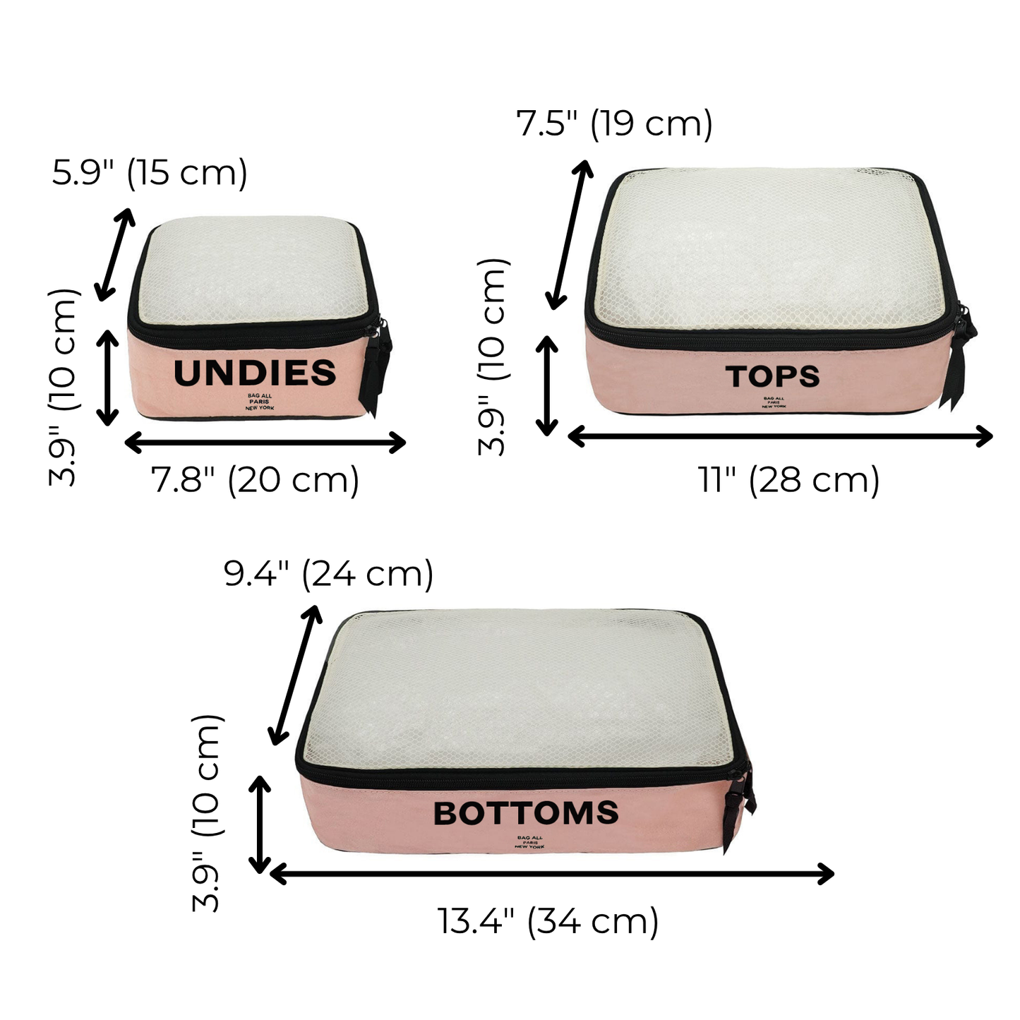 Bag-all Cotton Packing Cubes in Pink/Blush - Set of 3 sizes with mesh top panels, showing exact dimensions. Undies, Tops and Bottoms organizers in soft pink with black trim and white mesh.