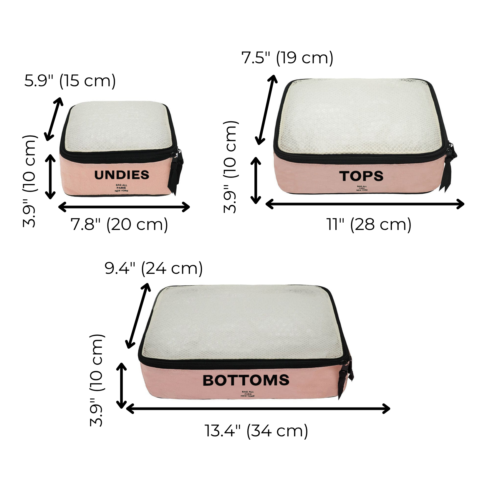 Set of 3 pink packing cubes by Bag-all with mesh tops for organized travel and easy packing of clothes and essentials