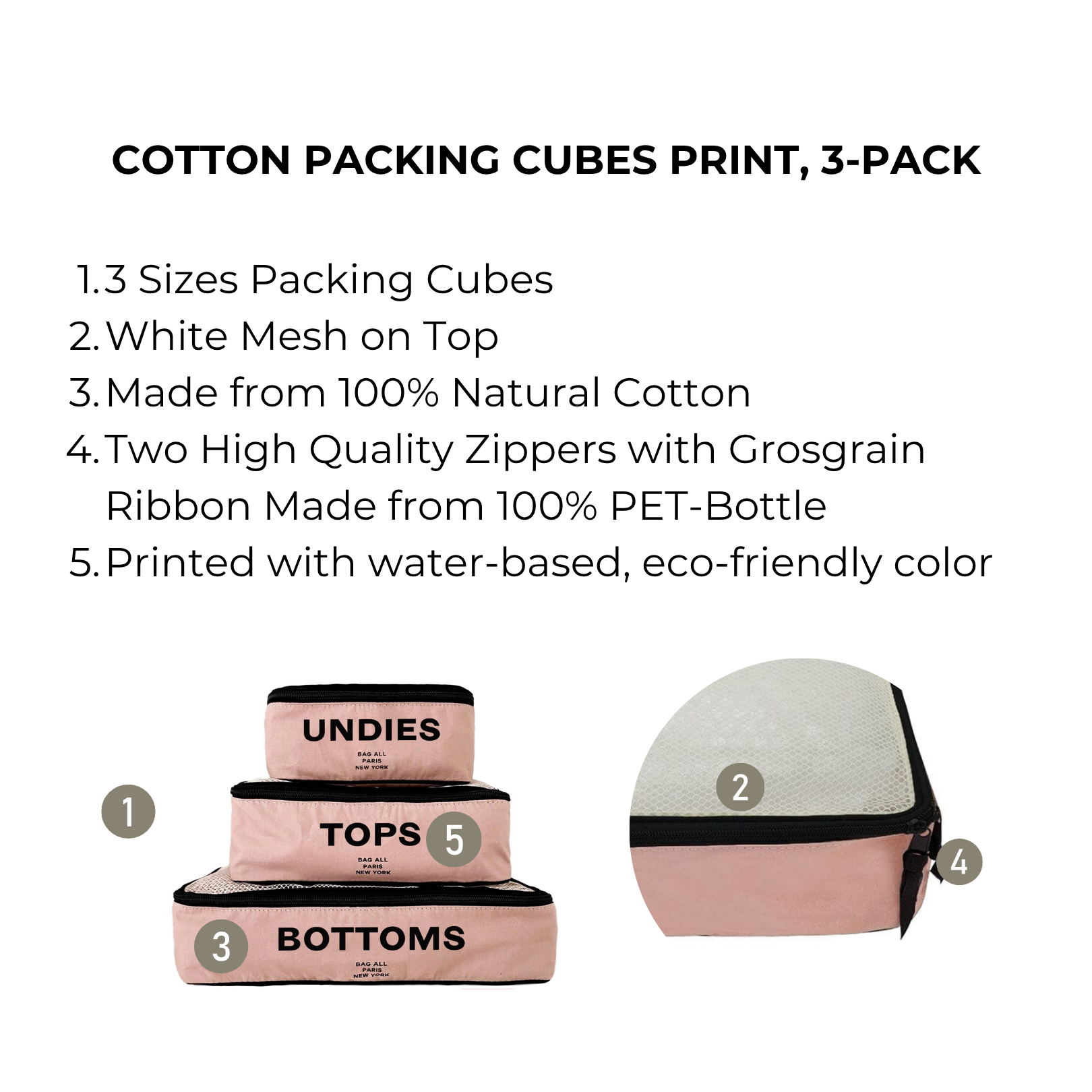 Bag-all Cotton Packing Cubes Print 3-pack in Pink/Blush featuring three sizes with mesh tops, eco-friendly zippers, and 100% cotton construction for organized travel and storage