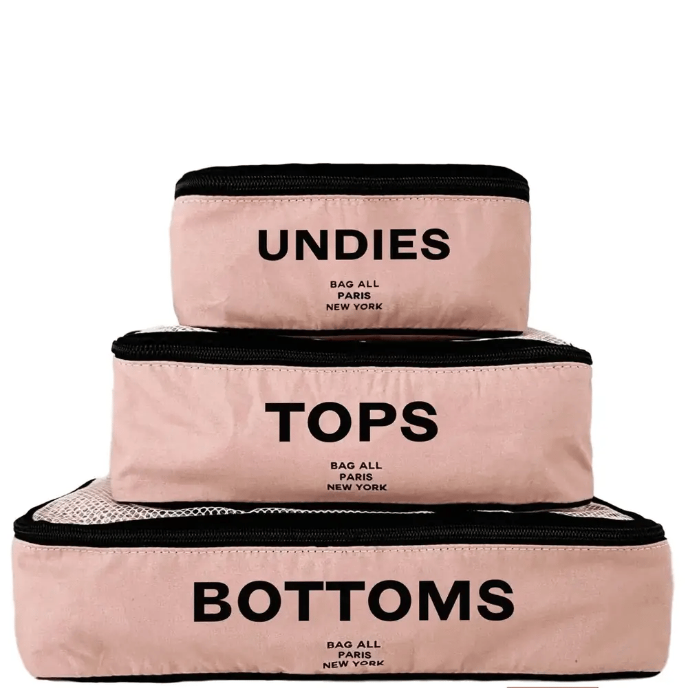 Pink blush packing cubes set of 3 by Bag-all for organized travel with labeled compartments for tops, bottoms, and undies