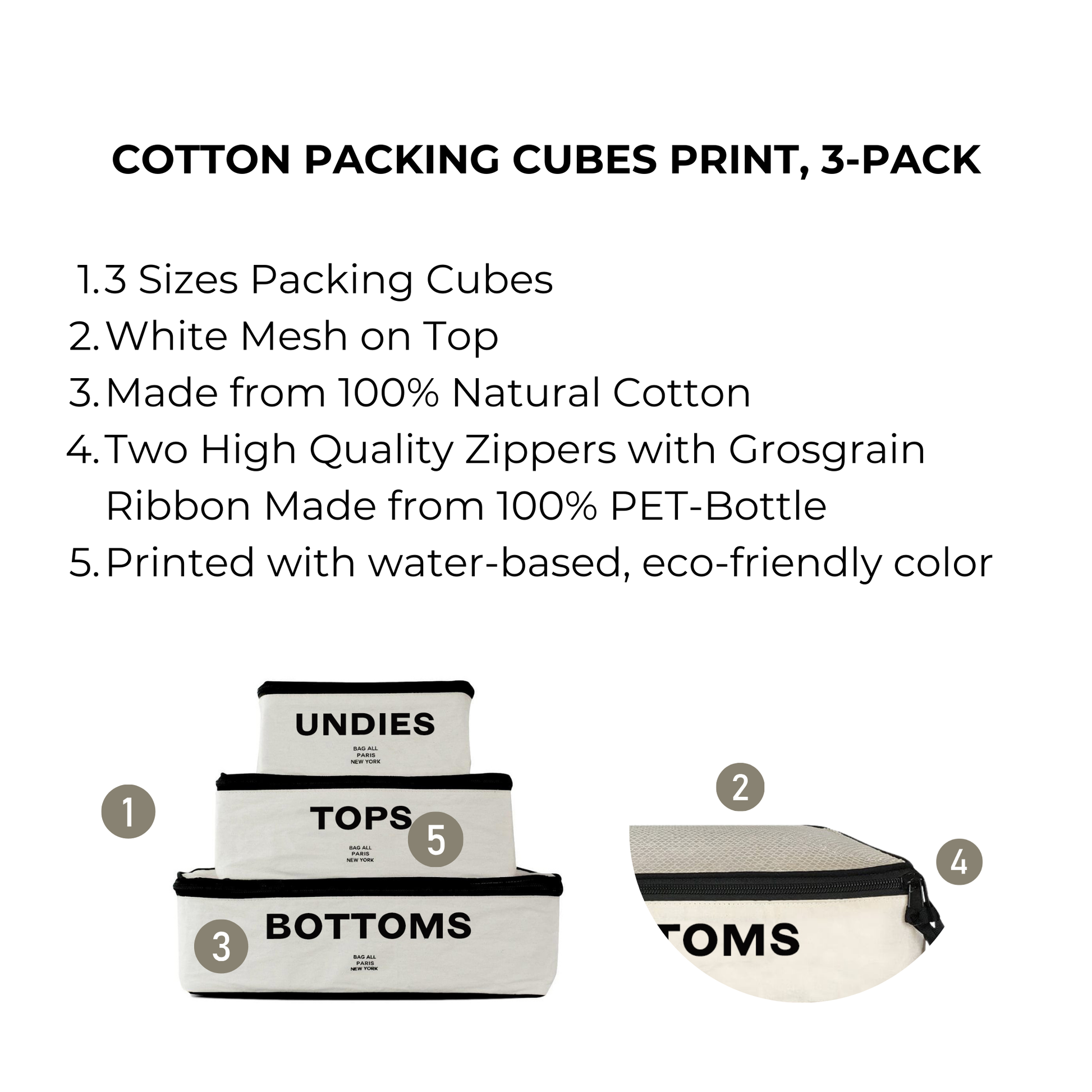 Bag-all Cotton Packing Cubes Print 3-pack Cream featuring eco-friendly organizers with mesh tops for visibility. Three sizes labeled for undies, tops, and bottoms, with sustainable zippers and natural cotton construction.