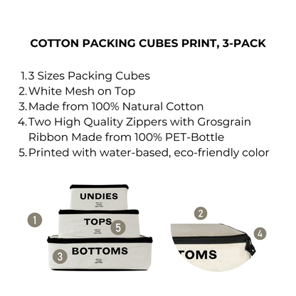 Bag-all Cotton Packing Cubes Print 3-pack Cream featuring eco-friendly organizers with mesh tops for visibility. Three sizes labeled for undies, tops, and bottoms, with sustainable zippers and natural cotton construction.