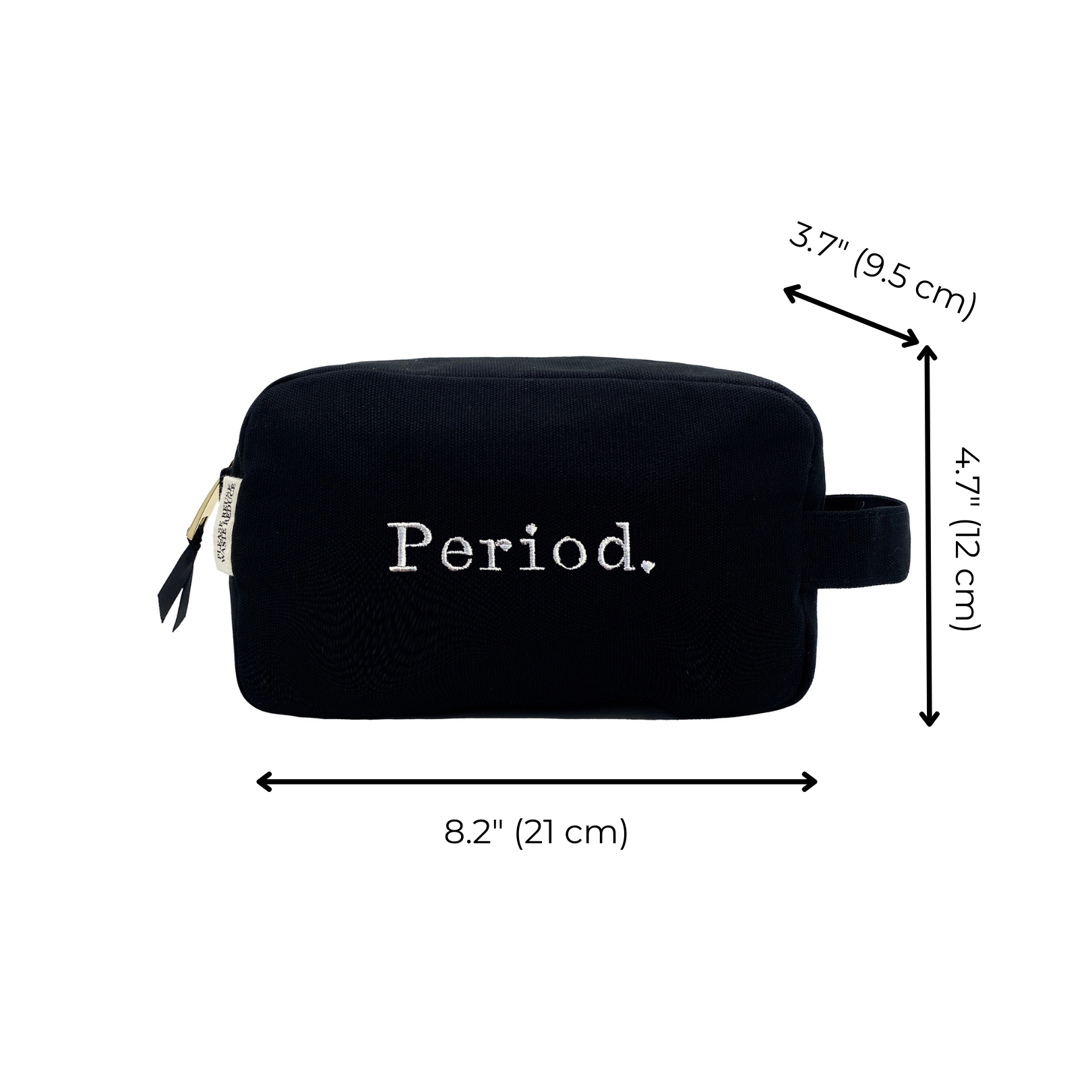 Bag-all Stylish Sanitary Pouch in black cotton with white Period embroidery, measuring 8.2x4.7 inches, perfect for discreet feminine care storage