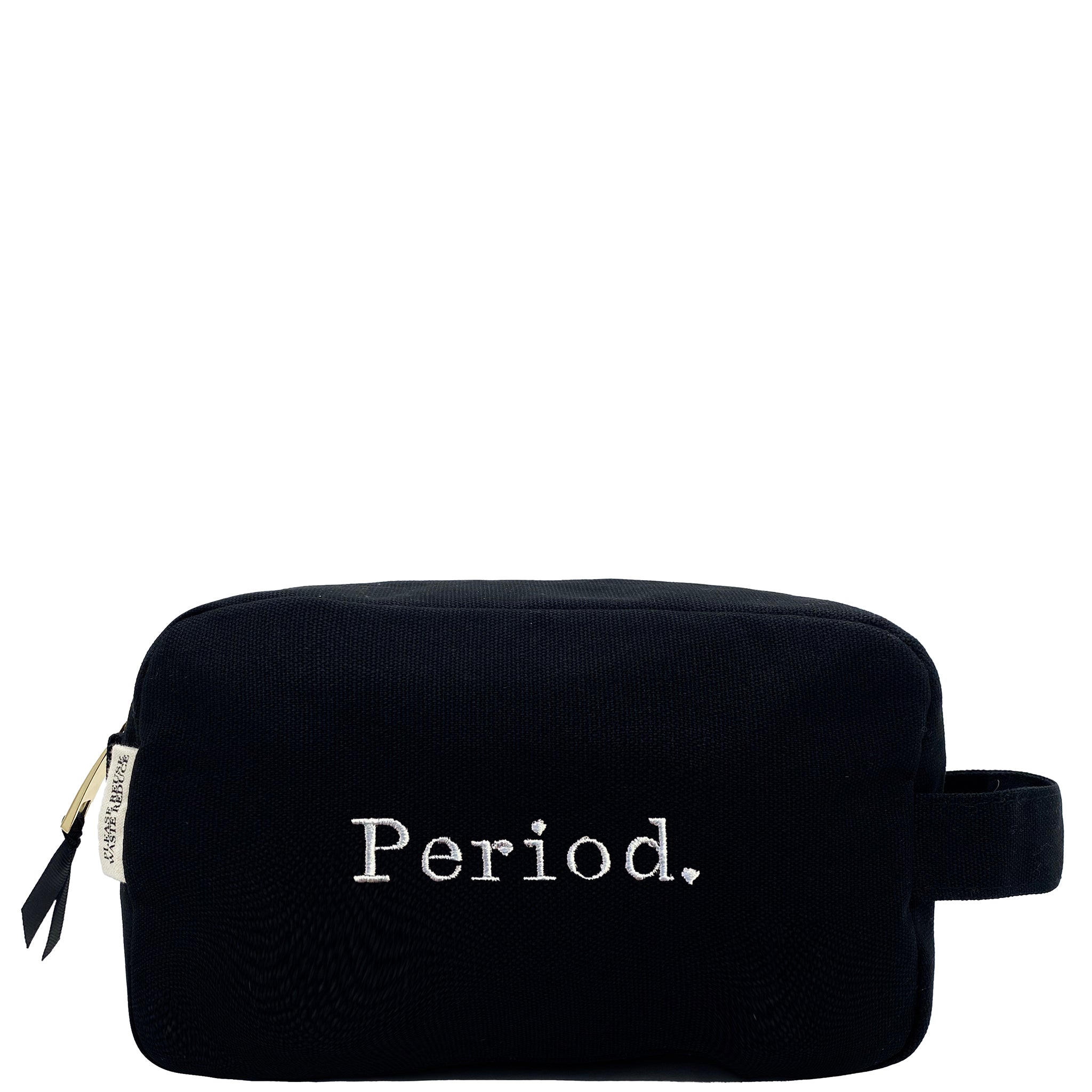 Bag-all Stylish Sanitary Pouch in black cotton with white Period embroidery, featuring striped lining and gold zipper - perfect for discreet feminine care storage