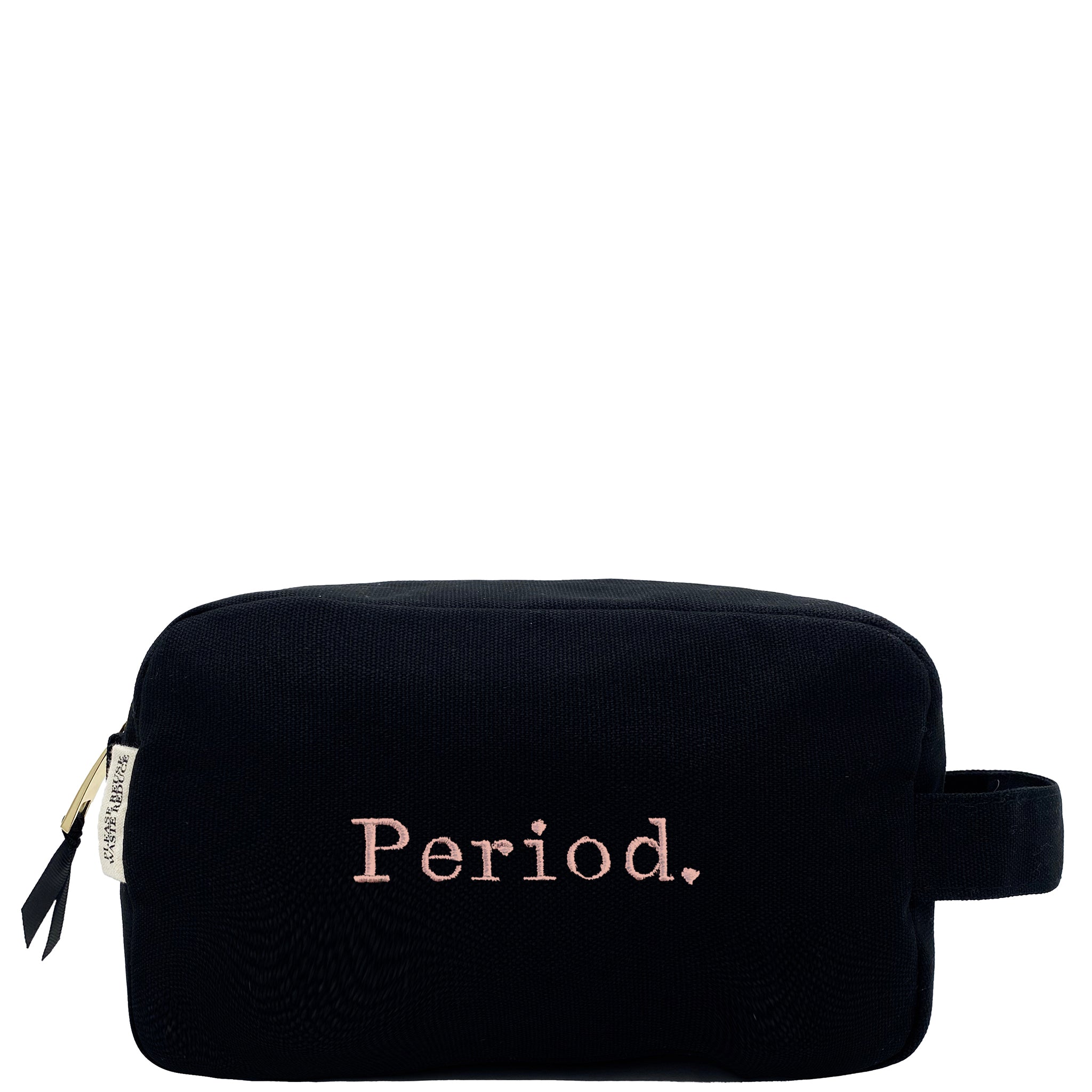 Bag-all Stylish Sanitary Pouch in black cotton with pink Period embroidery, featuring striped lining and gold zipper - perfect for discreet feminine care storage