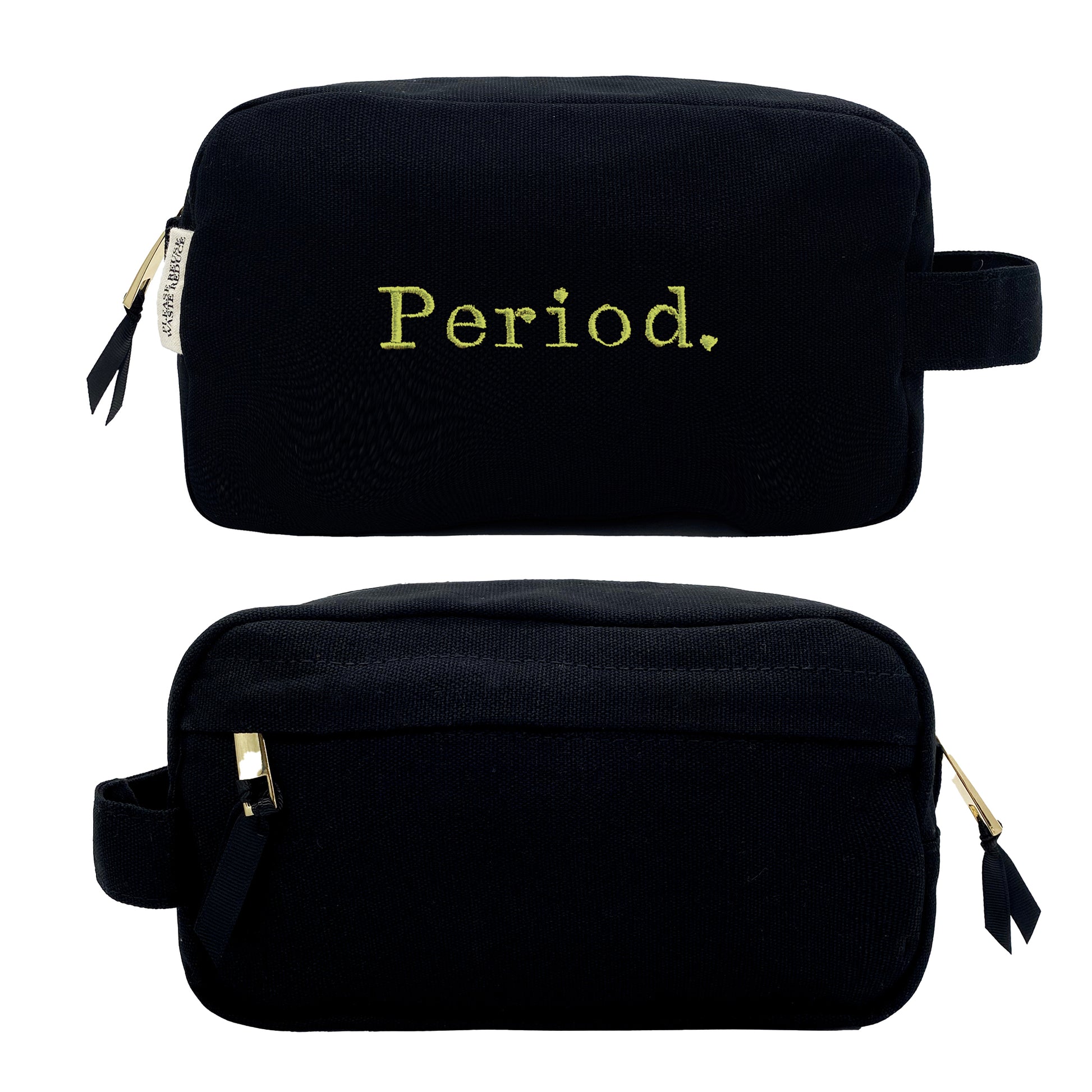 Bag-all Stylish Sanitary Pouch in black cotton with green Period embroidery, featuring striped lining and gold zipper - perfect for discreet feminine care storage