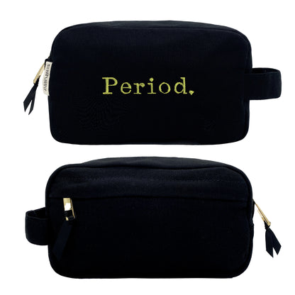 Bag-all Stylish Sanitary Pouch in black cotton with green Period embroidery, featuring striped lining and gold zipper - perfect for discreet feminine care storage