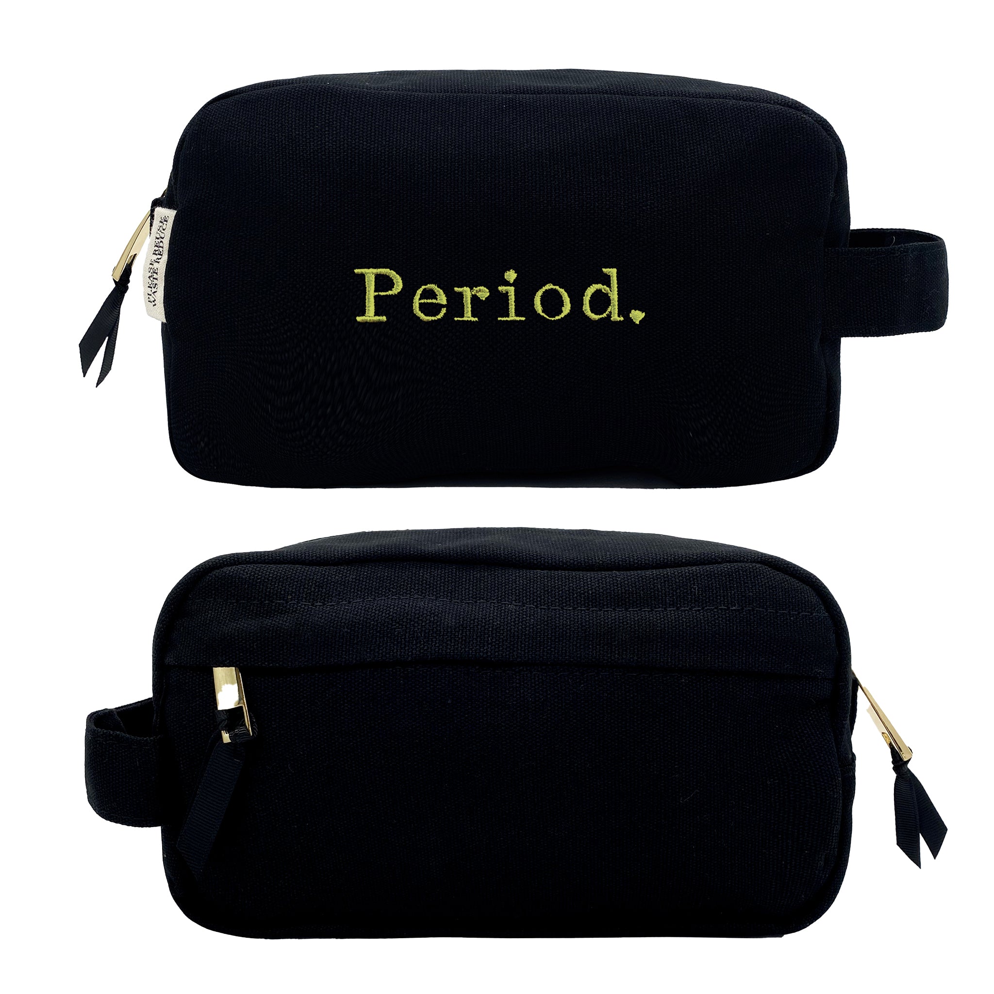 Bag-all Stylish Sanitary Pouch in black cotton with green Period embroidery, striped interior lining, perfect for organizing feminine essentials, compact travel size