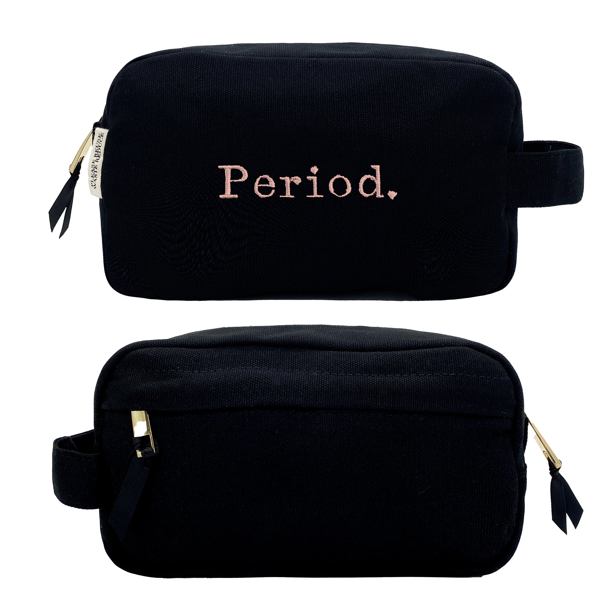 Bag-all Stylish Sanitary Pouch in black cotton with pink Period embroidery, striped interior lining, perfect for organizing feminine essentials, compact travel size