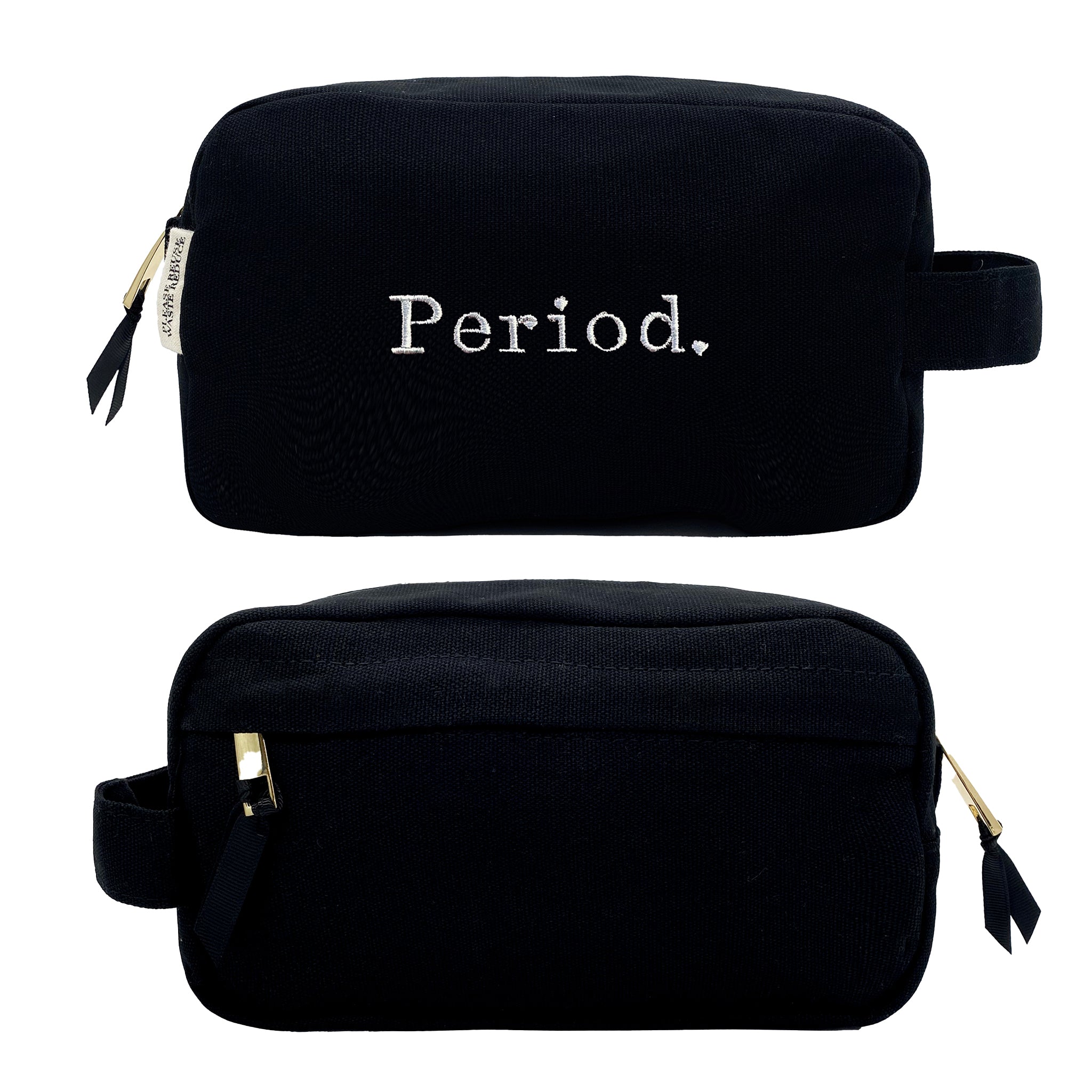 Bag-all Stylish Sanitary Pouch in black cotton with white Period embroidery, striped interior lining, perfect for organizing feminine essentials, compact travel size