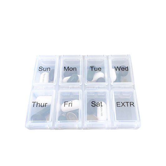 Bag-all Weekly Pill Organizer features clear compartments labeled for each day, compact design for medication management, with secure closures and extra storage space