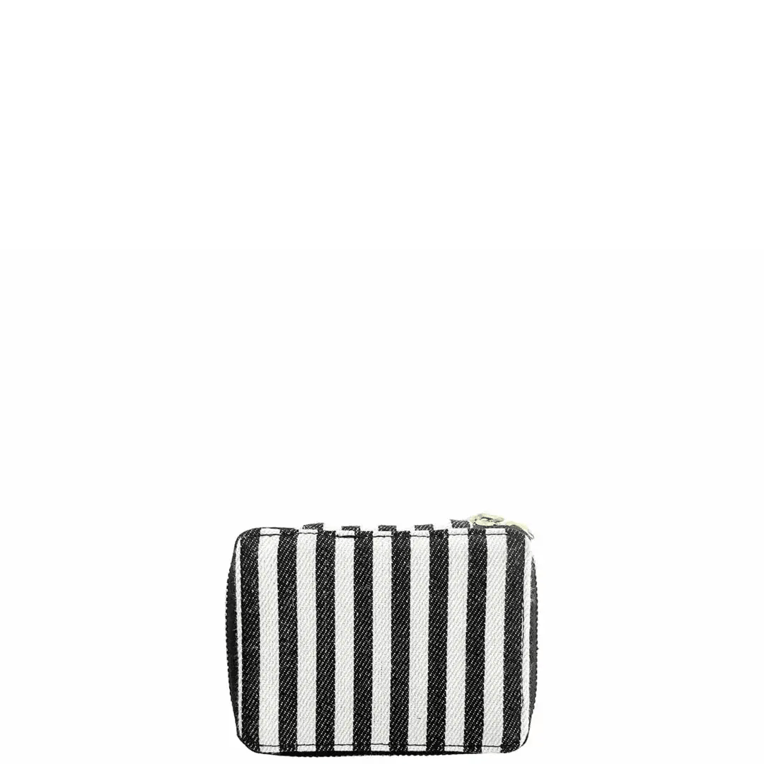 Compact black and white striped Bag-all pill box with daily insert for easy medicine organization and storage