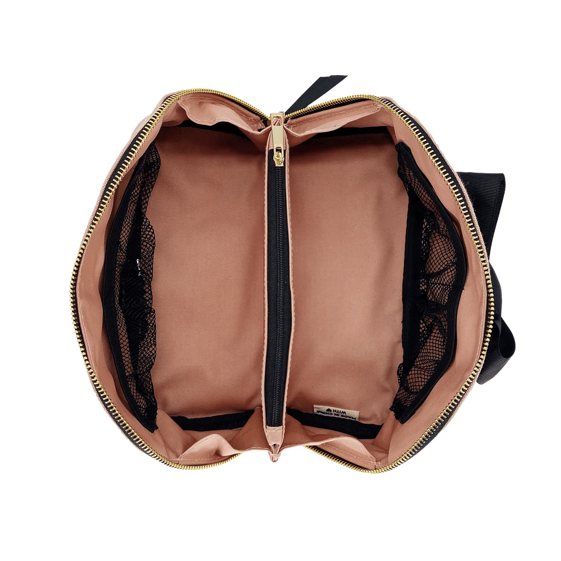 Bag-all double compartment organizer with dusty pink interior, black mesh pockets, and gold zipper divider for efficient travel storage and organization