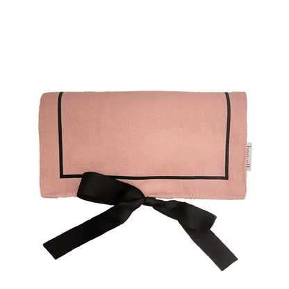 Pink blush Bag-all jewelry roll with black trim and ribbon tie for travel and jewelry organization