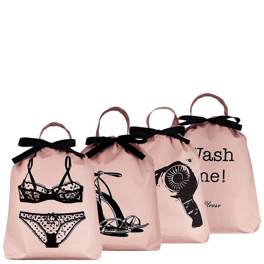 Bag-all Women's Travel Set 4-pack in Pink featuring stylized black illustrations of lingerie, sandal, hair dryer, and laundry bags with elegant black bow ties