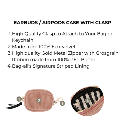 Bag-all pink eco-velvet earbud case with gold clasp and zipper, featuring signature striped lining. Sustainable accessory for AirPods storage and protection, ideal for everyday organization.