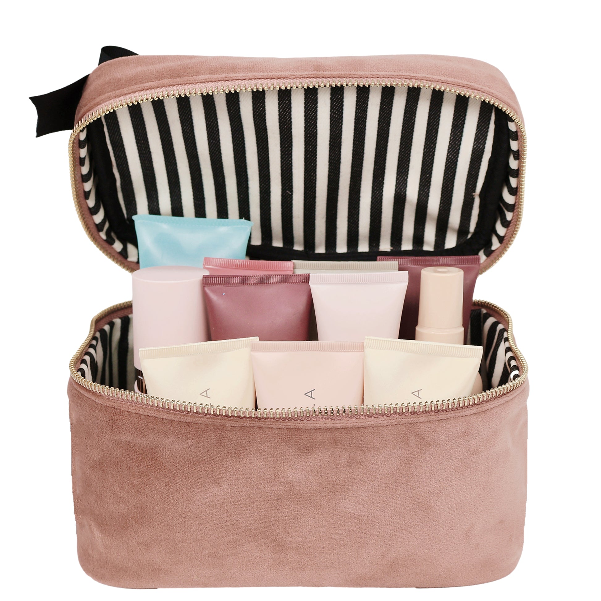Pink eco velvet makeup and jewelry bag with black and white striped interior by Bag-all filled with beauty products