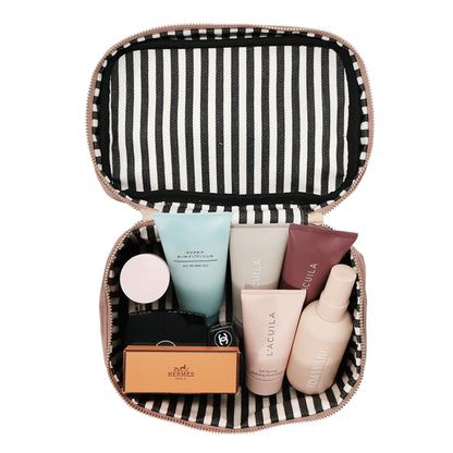 Inside view of pink velvet My Makeup Cosmetic Box, neatly organized with beauty and skincare essentials