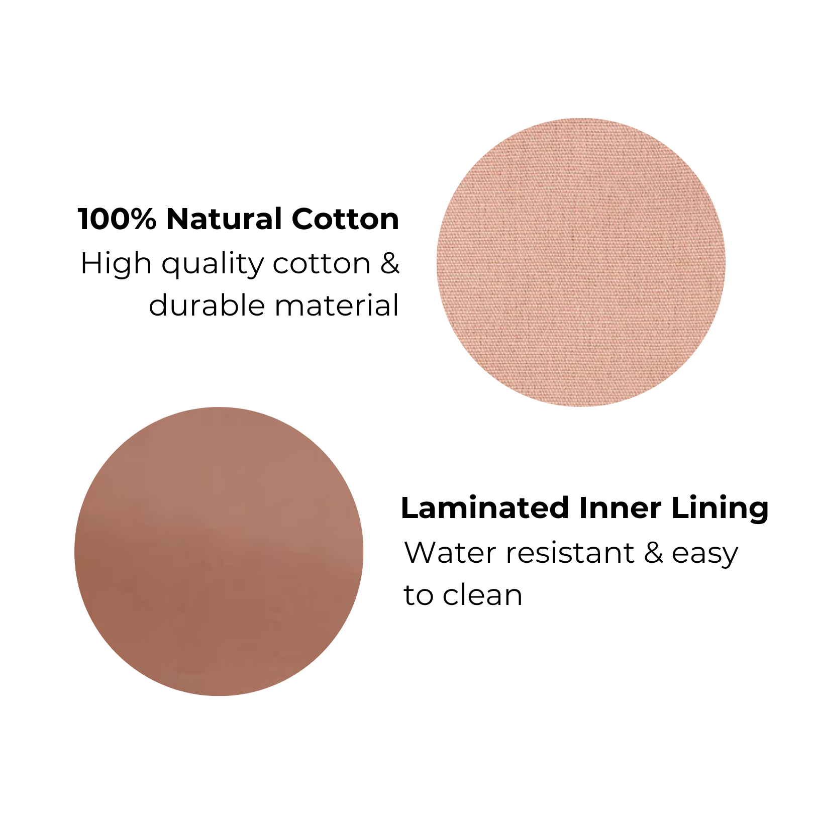 Bag-all eco-friendly cotton material swatches featuring 100% natural cotton exterior and water-resistant laminated inner lining in warm nude tones, demonstrating quality and durability