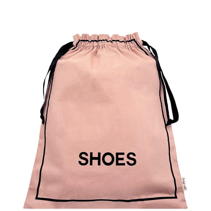 Pink blush Bag-all shoe organizer bag with black drawstring for travel and storage organization