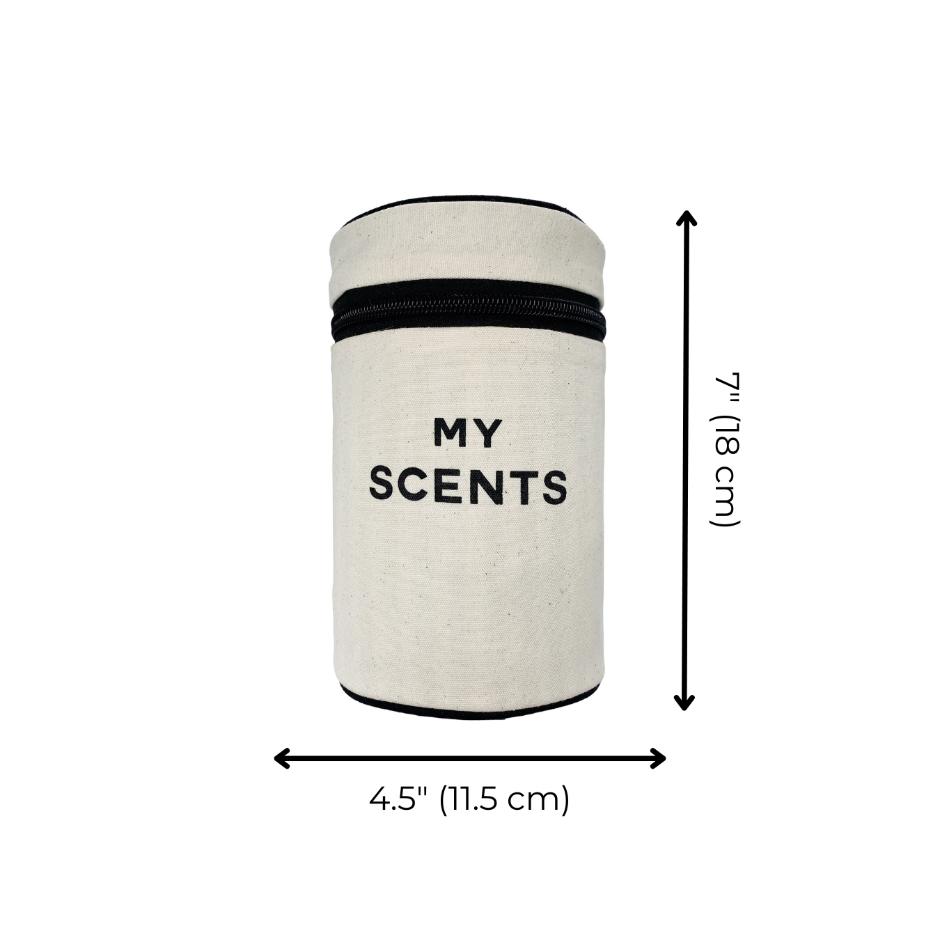Bag-all Round My Scents Case in cream canvas with black zipper, cylindrical perfume organizer measuring 7" tall and 4.5" wide, featuring "MY SCENTS" text print