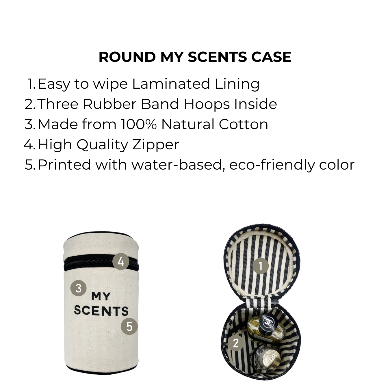 Bag-all Round My Scents Case in cream featuring laminated lining, rubber bands, natural cotton construction, quality zipper and eco-friendly print for organized perfume storage
