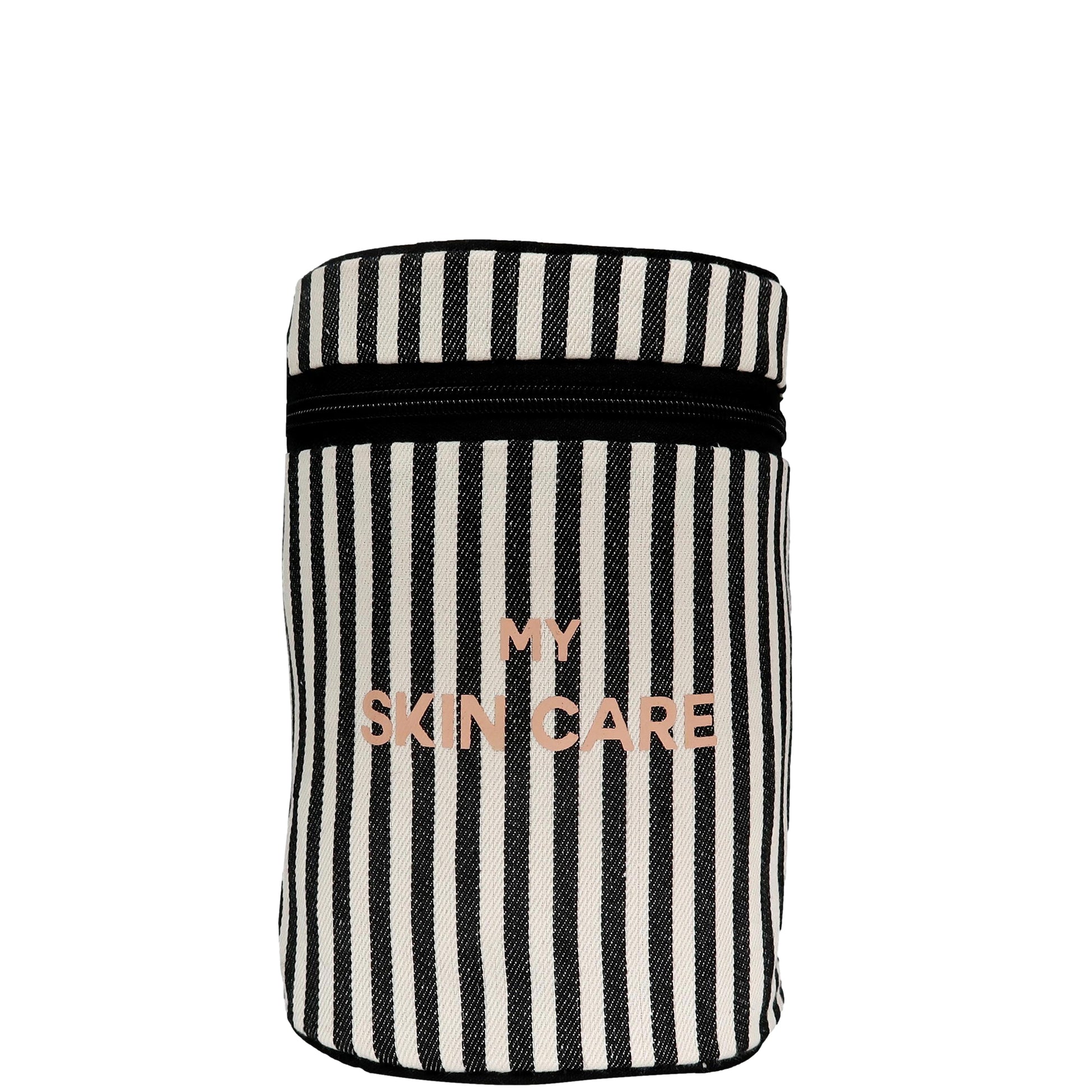 Bag-all Essential Gift Set 3-Pack featuring striped cotton skincare case with black and white vertical stripes and rose gold text My Skin Care