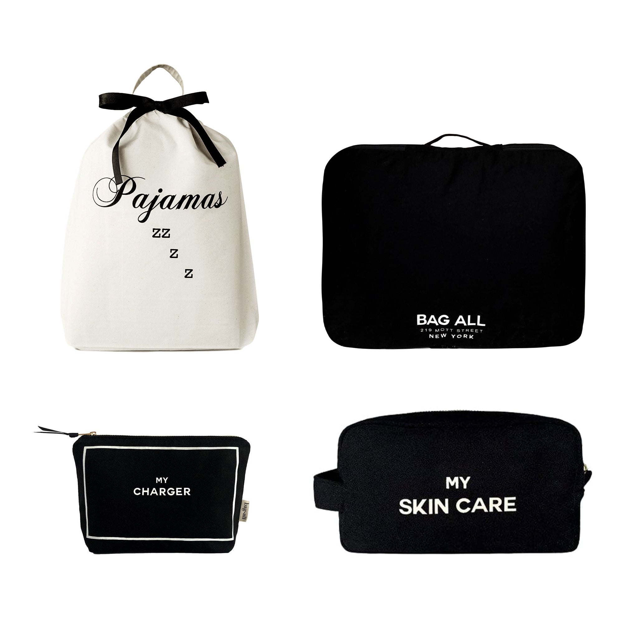 Bag-all Essentials Getaway 4-Pack featuring Pajamas bag with black bow, black packing cube, charger pouch, and skincare toiletry bag. Perfect travel organization set in black and white.