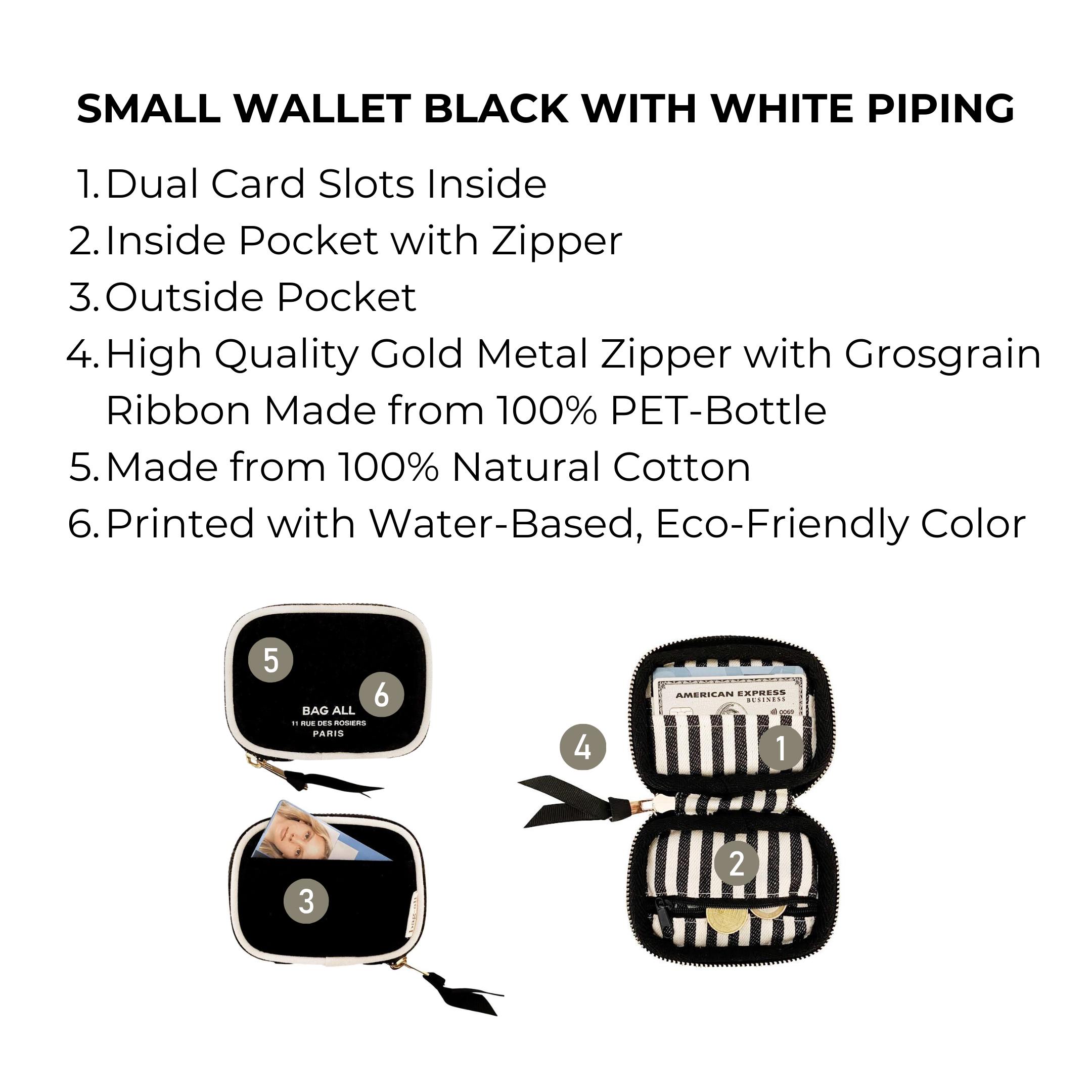 Small Wallet Black with White Piping | Bag-all