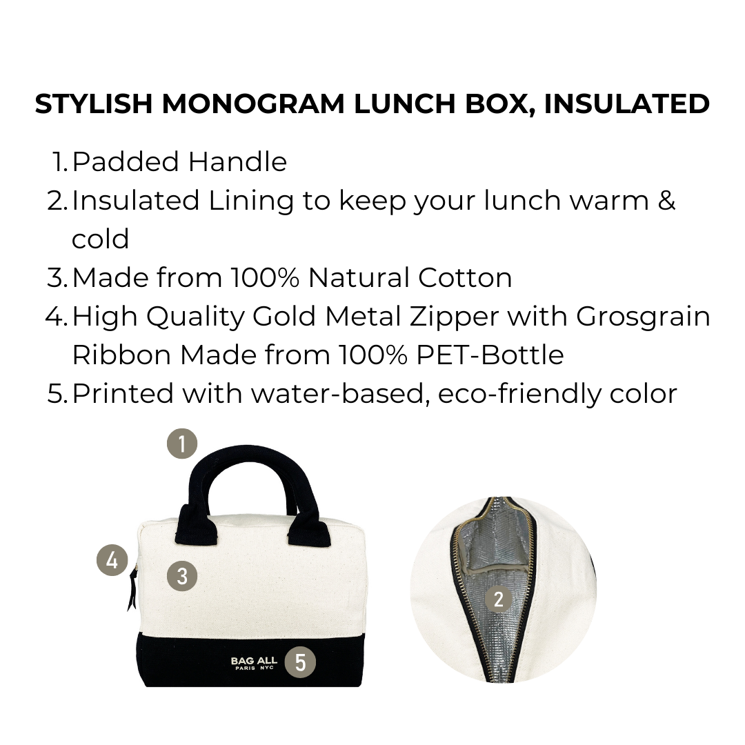 Bag-all Stylish Monogram Lunch Box in cream with black handles, featuring insulated lining, eco-friendly cotton construction, and premium gold zipper - perfect for carrying meals in style