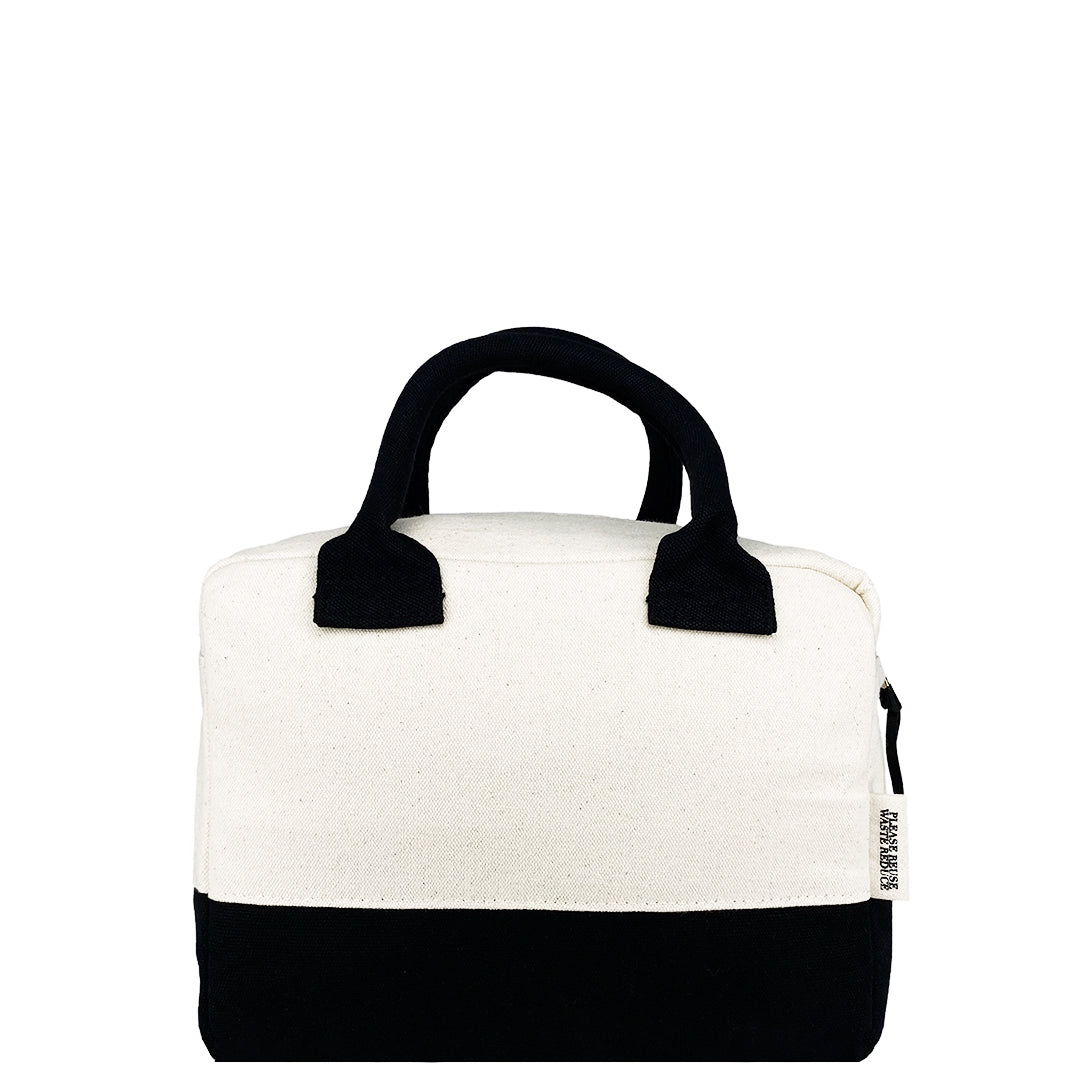 Bag-all Stylish Monogram Lunch Box in cream and black canvas with insulated lining, padded handles, and monogram option - perfect for work and school
