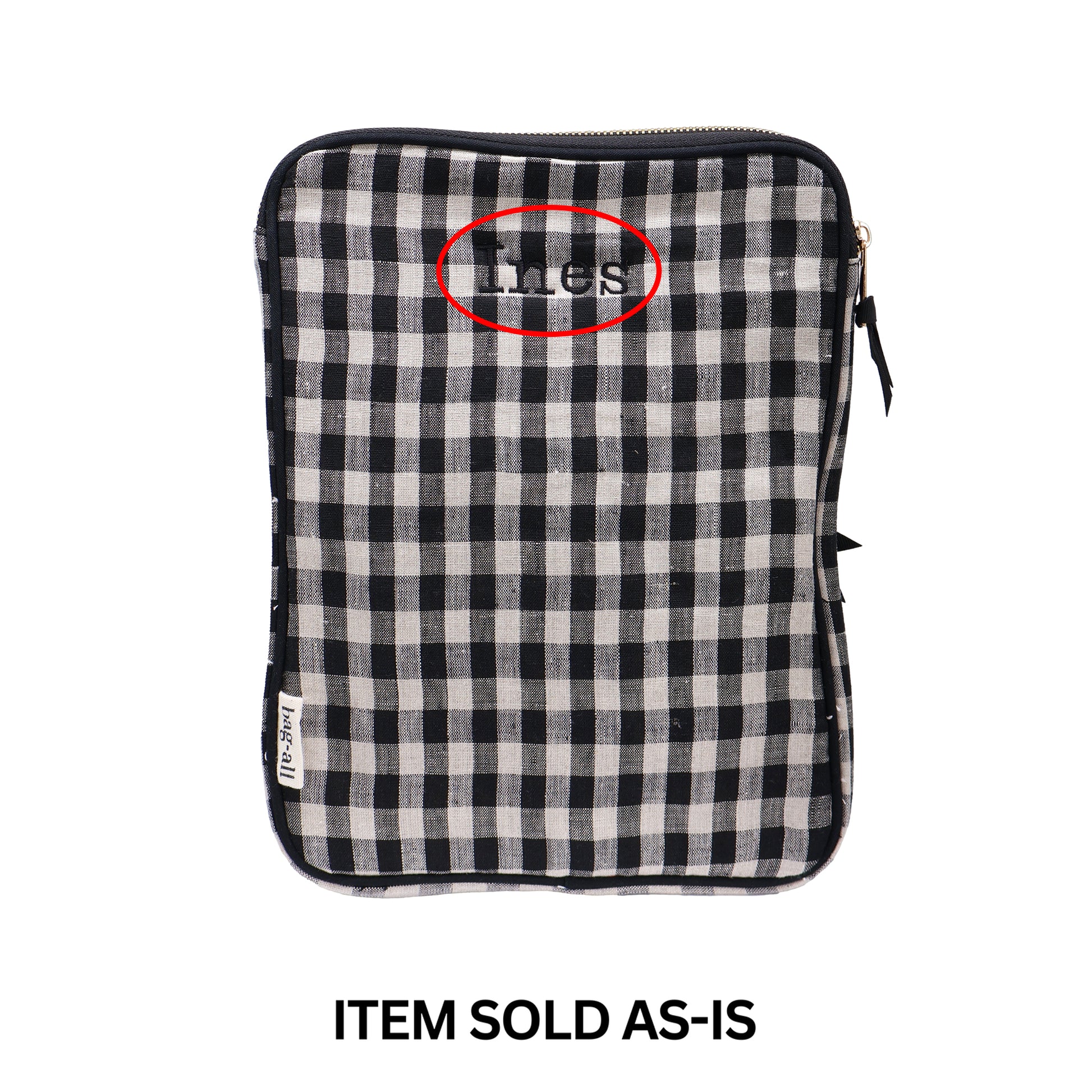 Bag-all black and white gingham tablet sleeve with zipper and misspelled monogram final sale item sold as-is