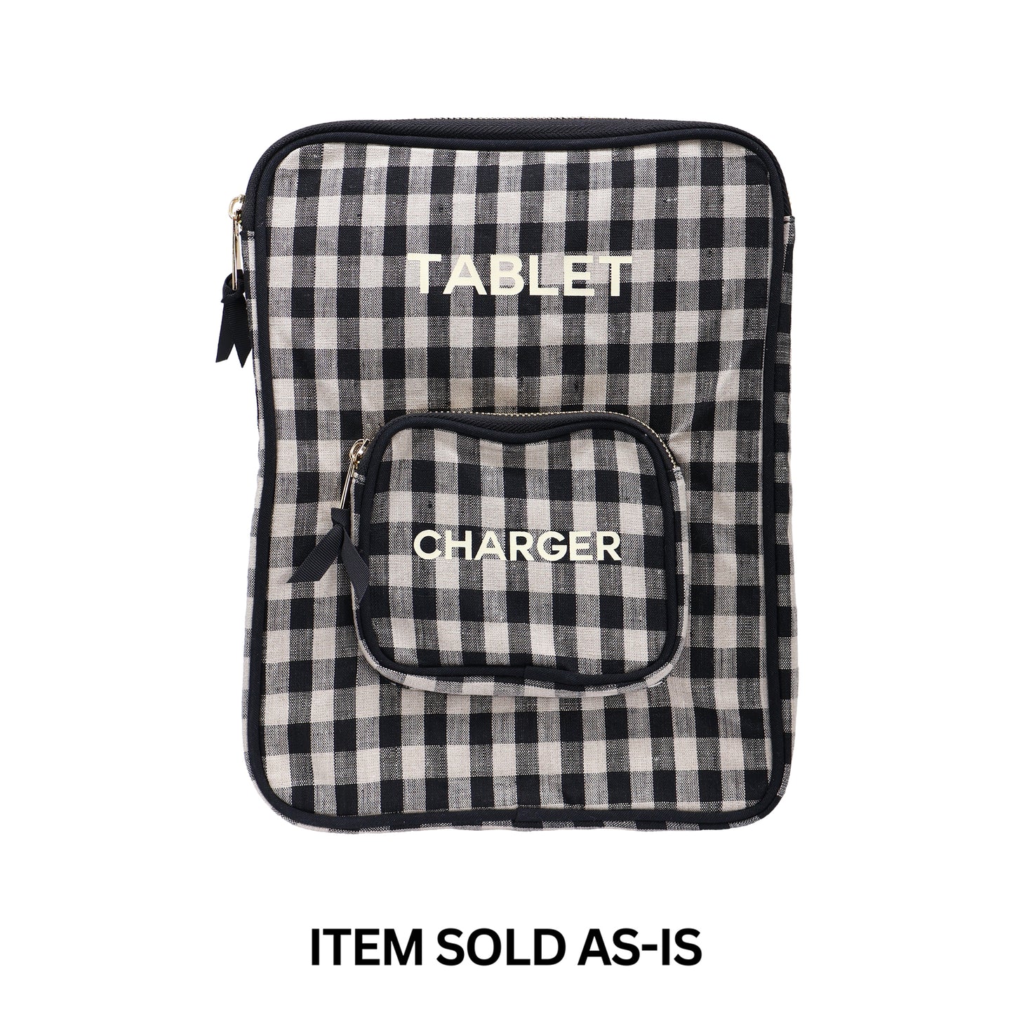 Bag-all black and white gingham tablet case with charger pocket and white text final sale item sold as-is