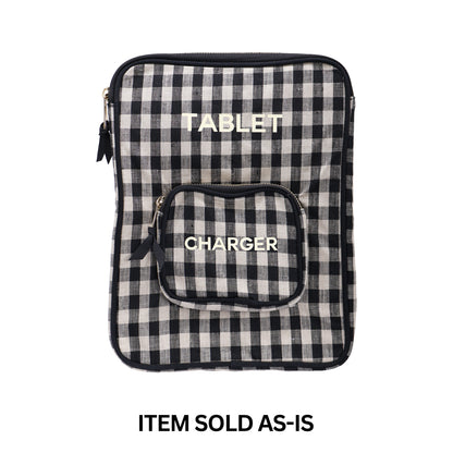 Bag-all black and white gingham tablet case with charger pocket and white text final sale item sold as-is