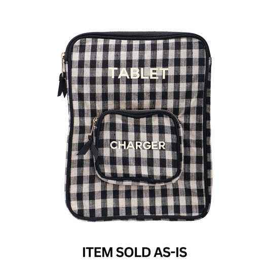 Bag-all black and white gingham tablet case with charger pocket and white text final sale item sold as-is