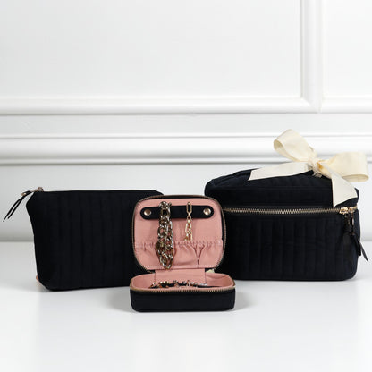 Bag-all black eco velvet 3-piece makeup and jewelry set with gold zipper and bow in gallery position 1 view