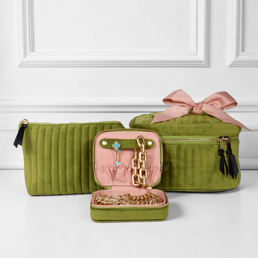 Bag-all eco velvet Glow & Go 3-pack with green makeup and jewelry cases, pink bow detail gallery one view