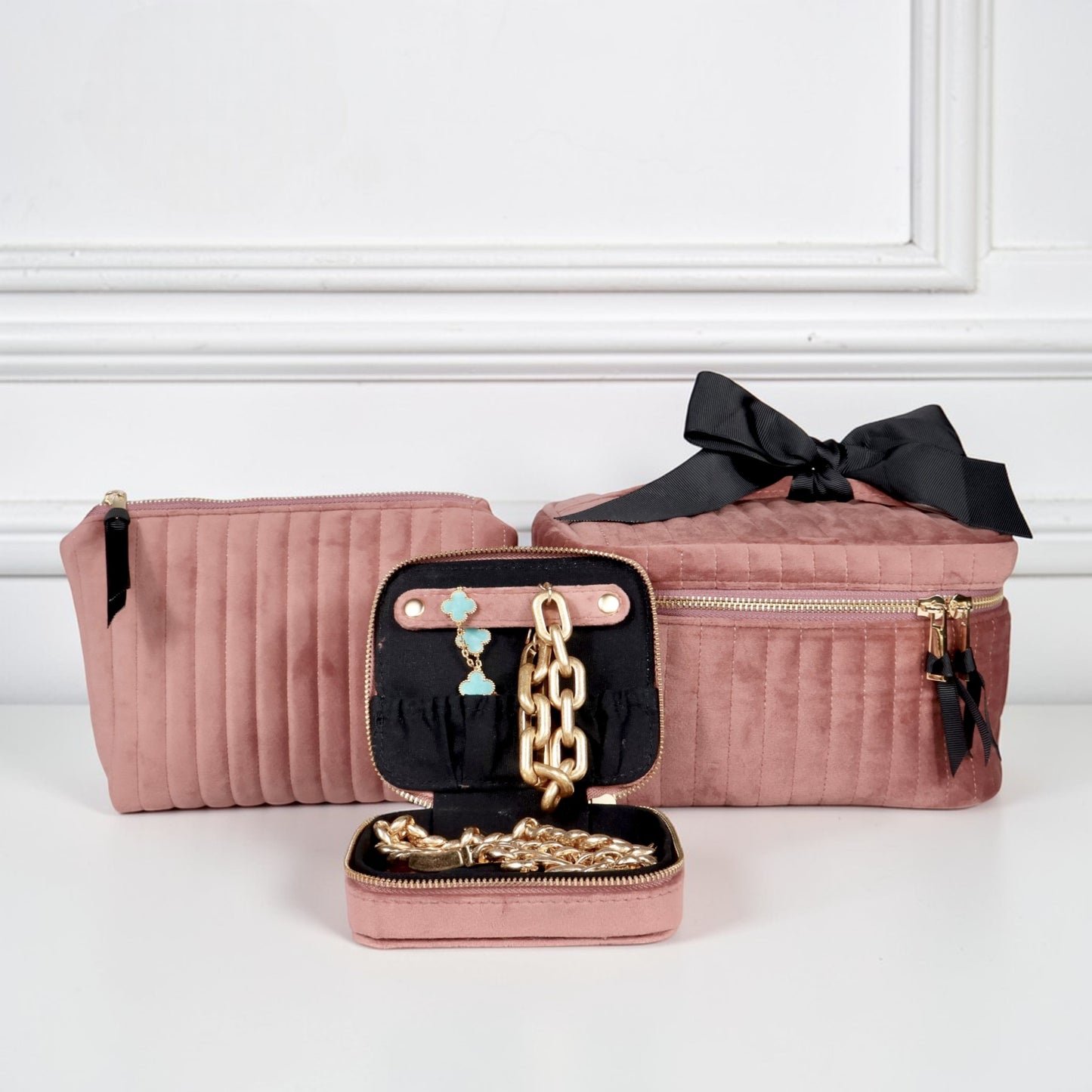 Bag-all eco velvet pink 3-piece makeup and jewelry set with black bow and gold-tone chain in gallery position one view